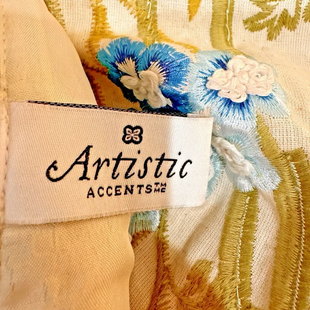 Artistic Embroidered Table Runner‎ Beige Raised Flowers White & Blue 18” X 72''